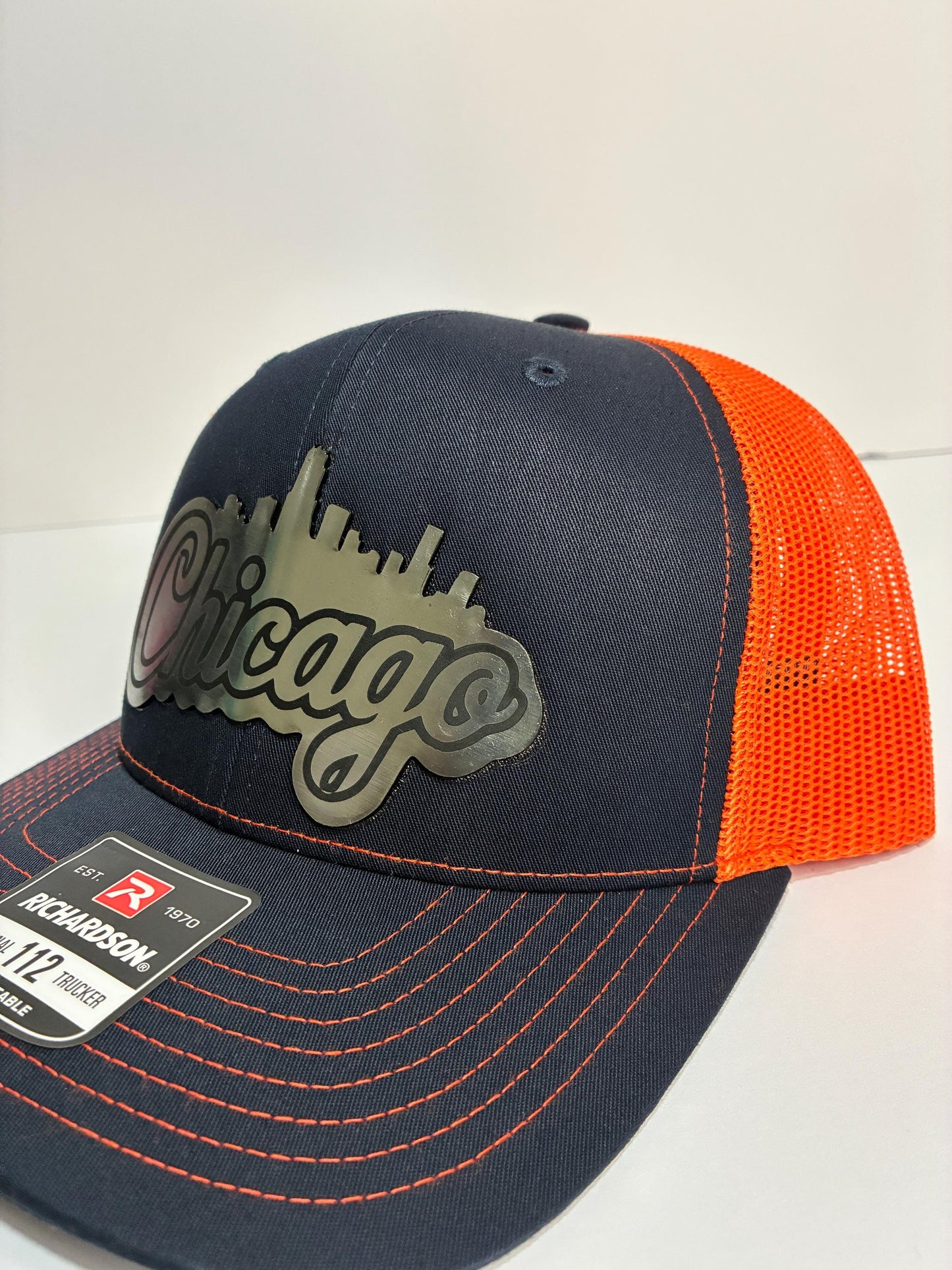 Illinois Skyline Hat, Orange & Blue Richardson 112 Cap, Chicago Inspired Acrylic Stainless Plate, Illinois State Shape City Pride Gift