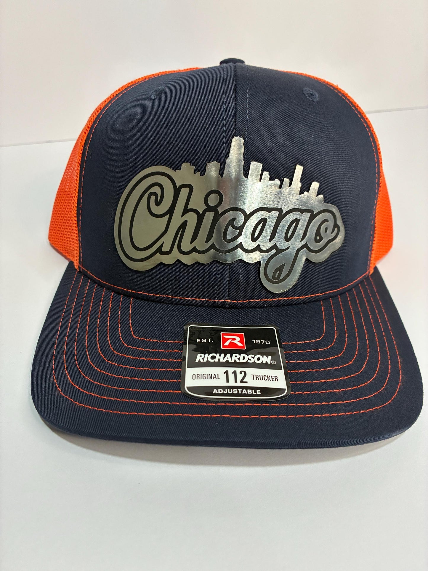 Illinois Skyline Hat, Orange & Blue Richardson 112 Cap, Chicago Inspired Acrylic Stainless Plate, Illinois State Shape City Pride Gift
