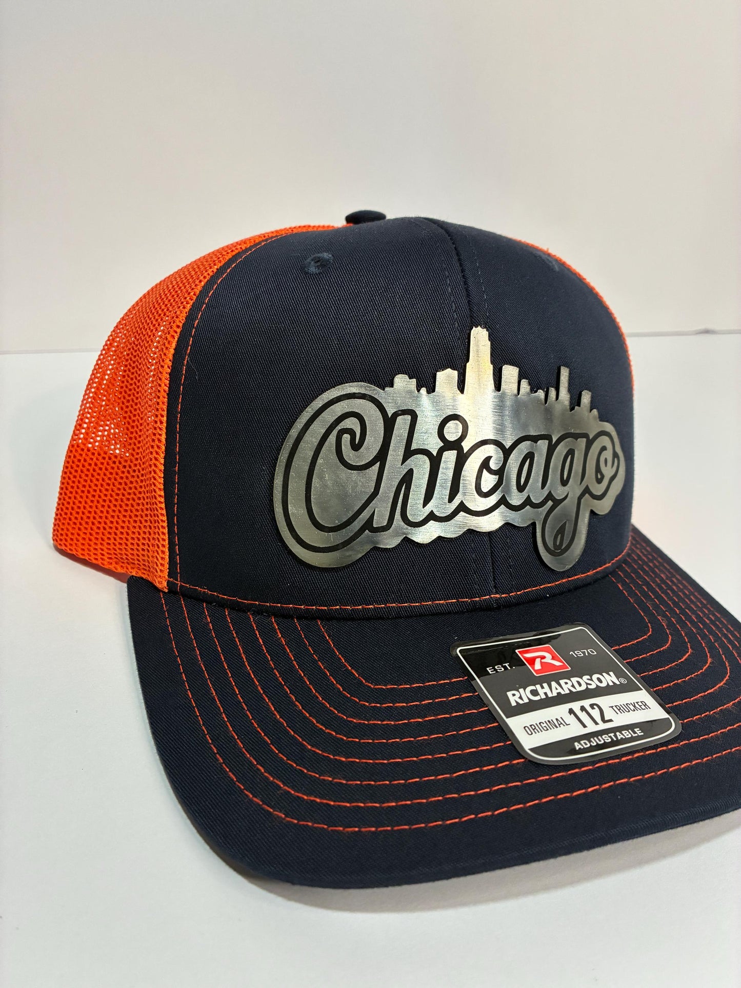 Illinois Skyline Hat, Orange & Blue Richardson 112 Cap, Chicago Inspired Acrylic Stainless Plate, Illinois State Shape City Pride Gift