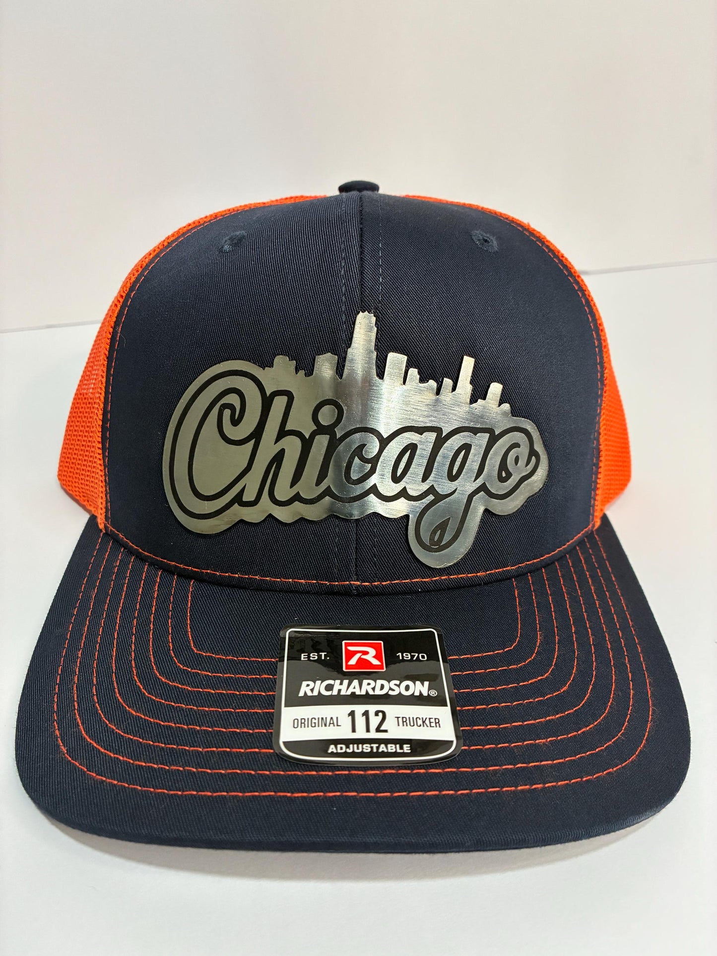 Illinois Skyline Hat, Orange & Blue Richardson 112 Cap, Chicago Inspired Acrylic Stainless Plate, Illinois State Shape City Pride Gift